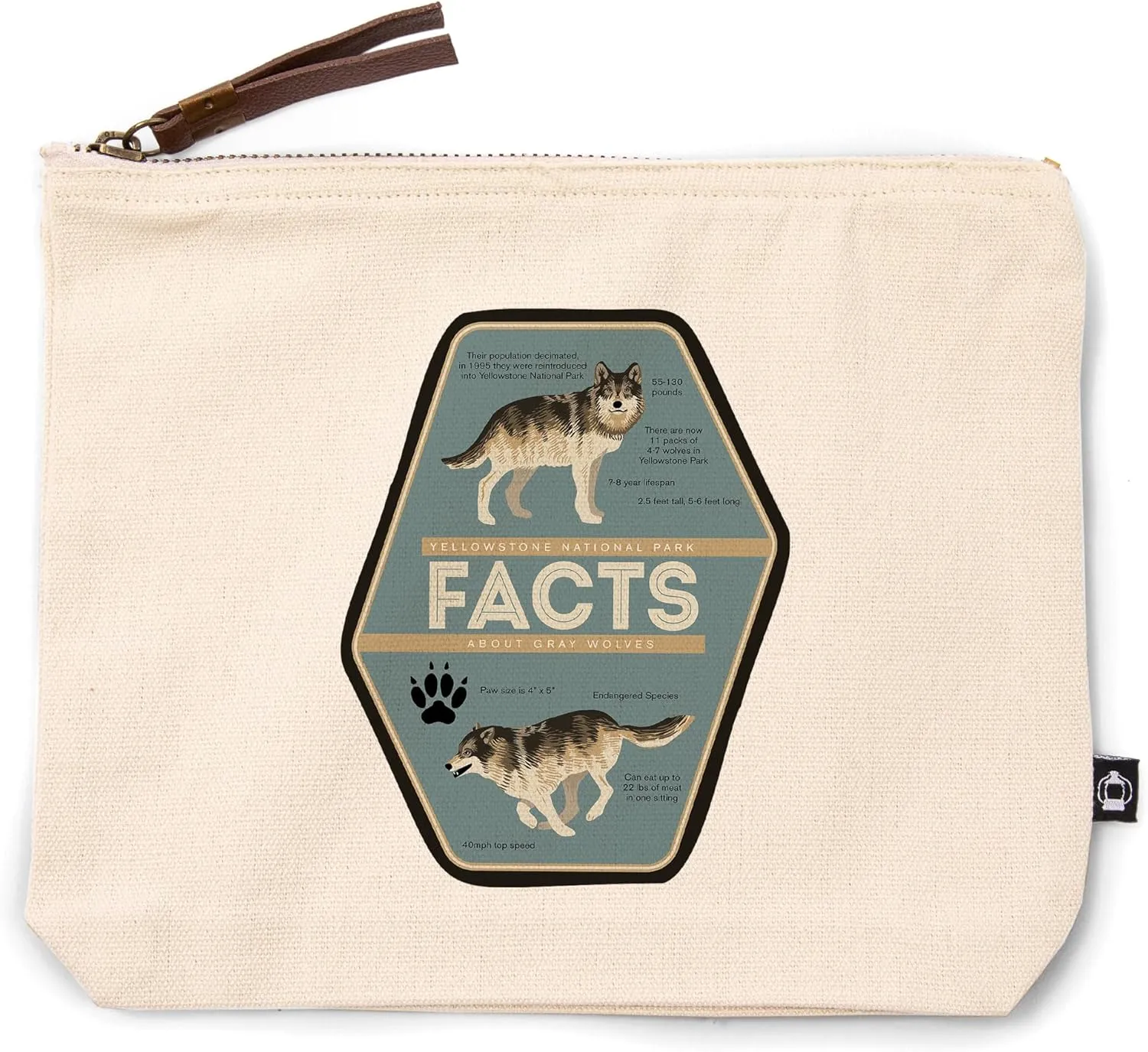 Lantern Press Yellowstone National Park, Wyoming, Facts About Gray Wolves, 100% Cotton Zipper Pouch, Travel Accessory, Go Bag