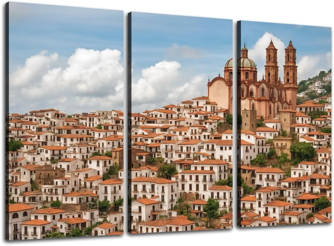 Large Canvas Wall Art 3 Pcs beautiful cityscape historic center Taxco state Guerrero central Canvas Art Prints Pictures Framed Artwork Poster Wall Decor for Living Room Bedroom 24x36 In