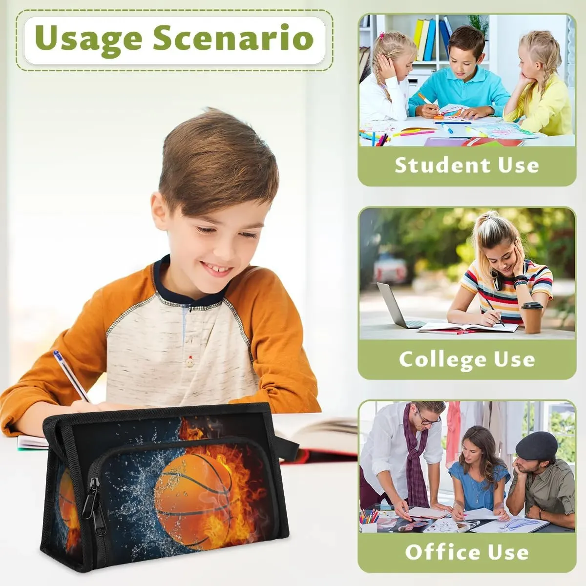 Large Capacity Pencil Case Pouch, Basketball Ball Portable Zipper Pencil Cases Pencil Bag Office Stationery Bag Makeup Bag Desk Organizer for Women Men