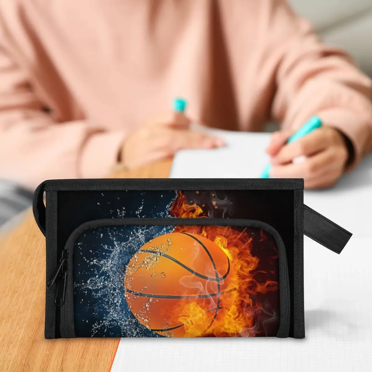 Large Capacity Pencil Case Pouch, Basketball Ball Portable Zipper Pencil Cases Pencil Bag Office Stationery Bag Makeup Bag Desk Organizer for Women Men