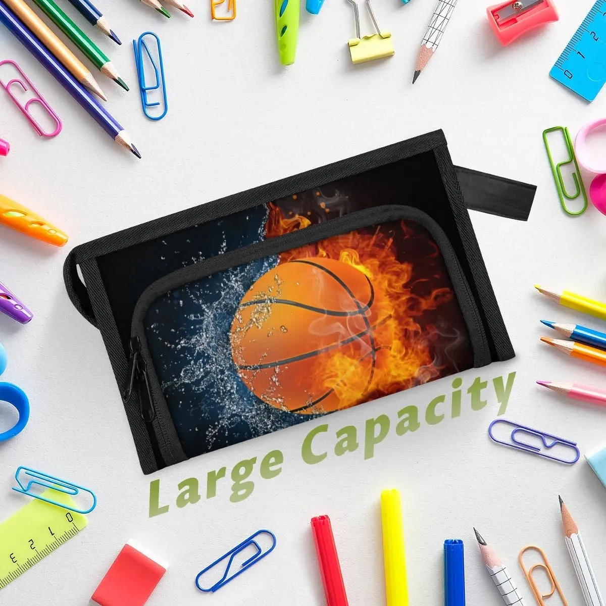 Large Capacity Pencil Case Pouch, Basketball Ball Portable Zipper Pencil Cases Pencil Bag Office Stationery Bag Makeup Bag Desk Organizer for Women Men