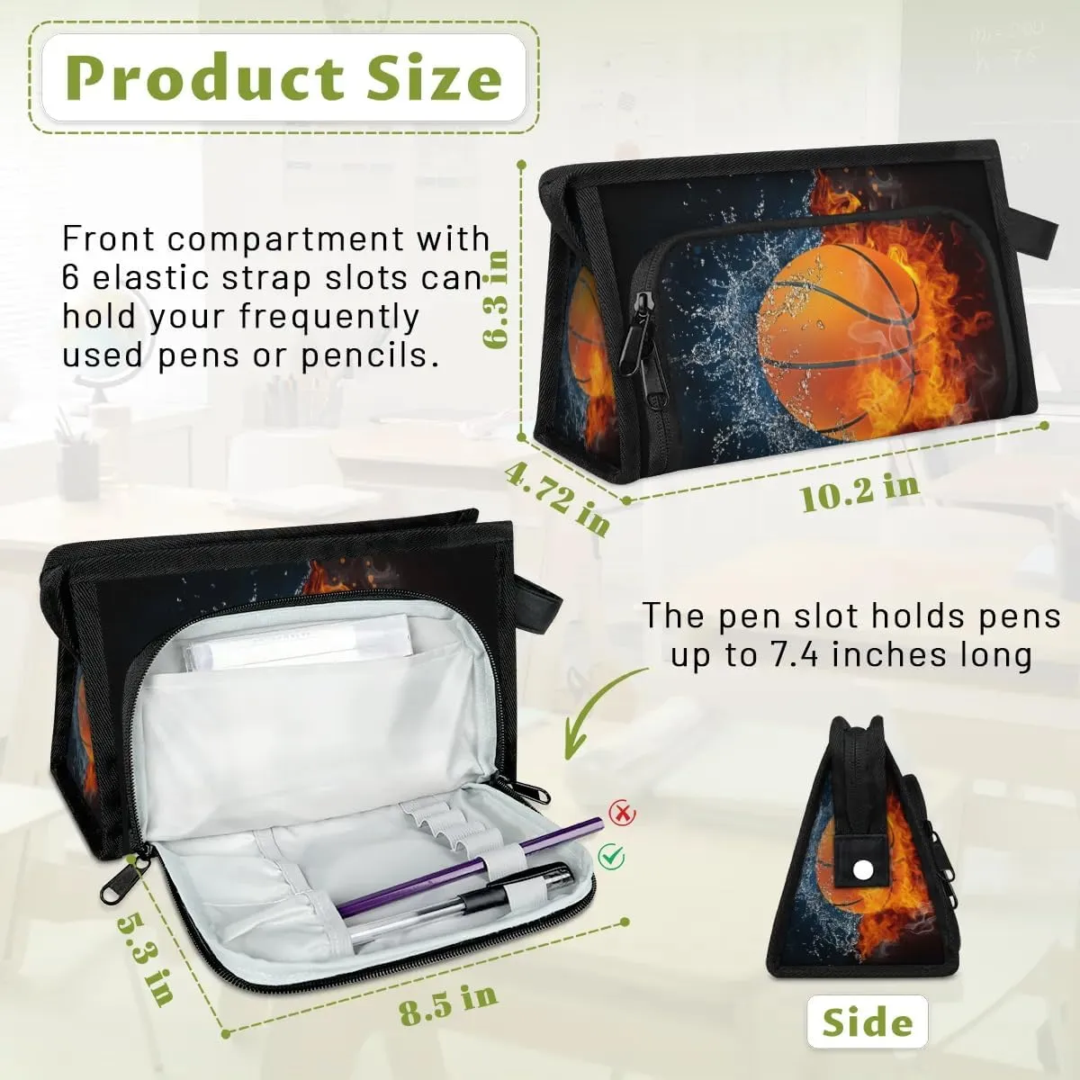 Large Capacity Pencil Case Pouch, Basketball Ball Portable Zipper Pencil Cases Pencil Bag Office Stationery Bag Makeup Bag Desk Organizer for Women Men