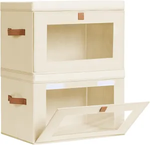 Large Closet Storage Organizer - Collapsible Storage Bins with Handles & Window, Decorative Storage Boxes with Lids, Fabric Storage Containers for Living Room, Dorm, 2 Pack, Beige