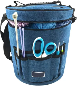 Large Crochet Bag Organizer with 7 Pockets – Yarn Storage for Knitting & Crochet Supplies | Includes Shoulder Strap & Handle | Multi-Purpose Craft Organizer (Blue)
