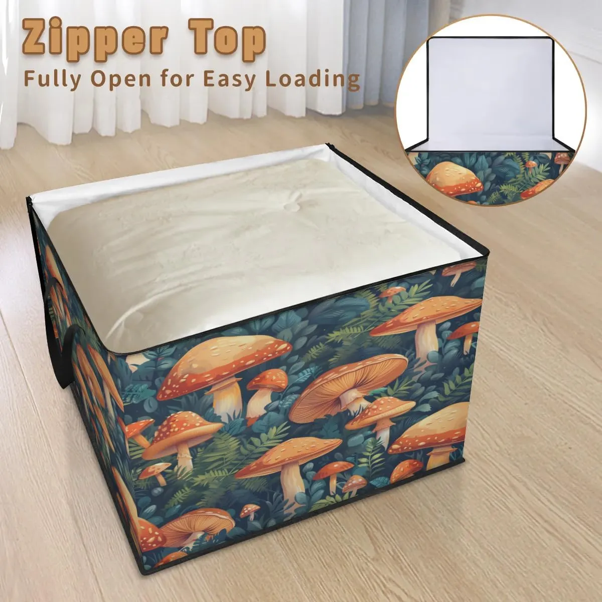 Large Storage Bags Forest Mushrooms Closet Organizer Foldable Clothes Storage Bins with Handles Storage Containers for Blanket Comforter Pillow