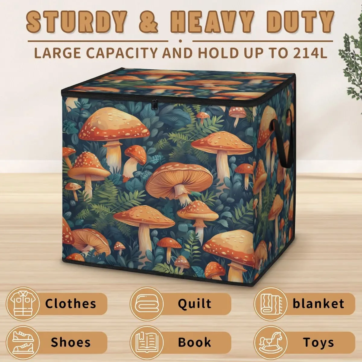Large Storage Bags Forest Mushrooms Closet Organizer Foldable Clothes Storage Bins with Handles Storage Containers for Blanket Comforter Pillow