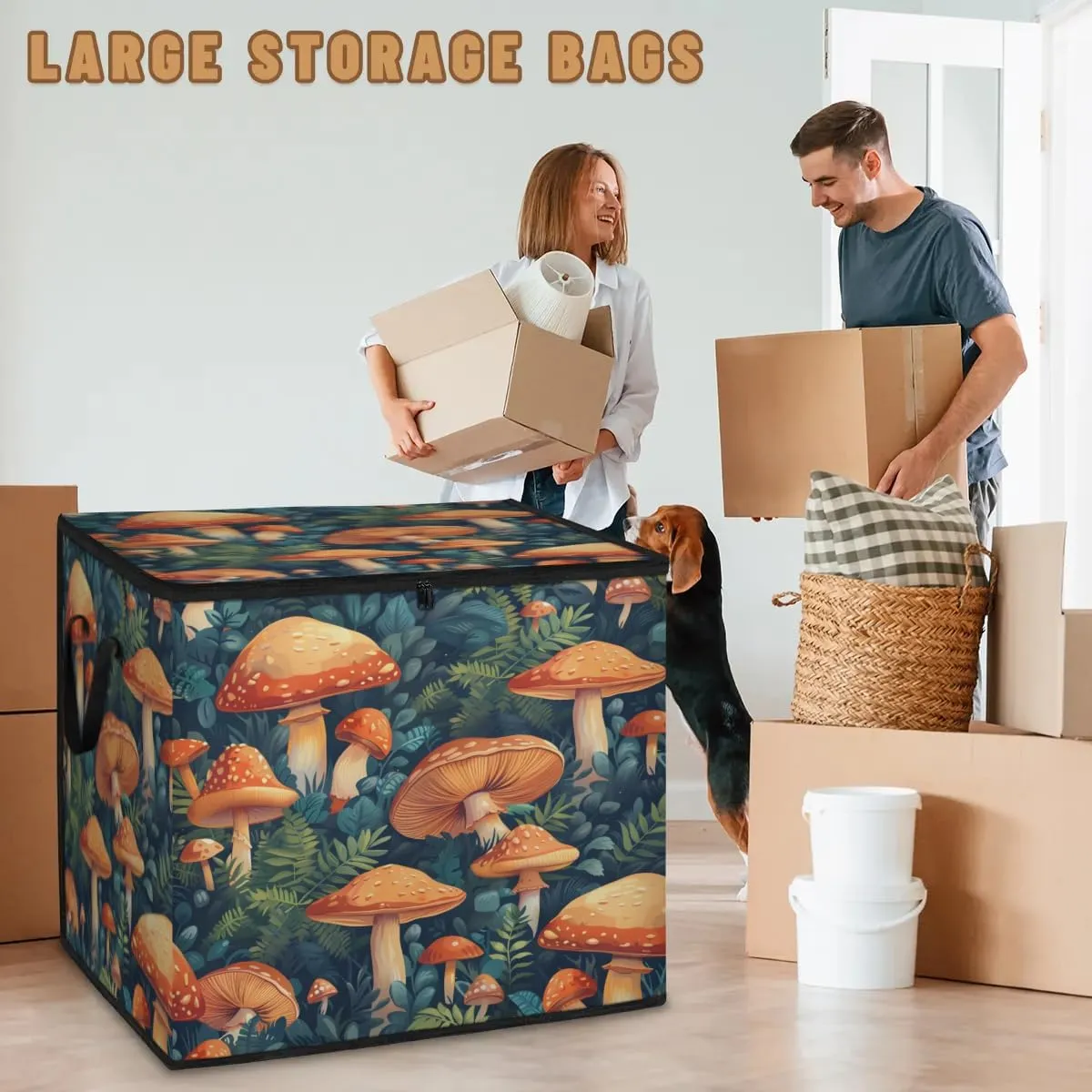 Large Storage Bags Forest Mushrooms Closet Organizer Foldable Clothes Storage Bins with Handles Storage Containers for Blanket Comforter Pillow