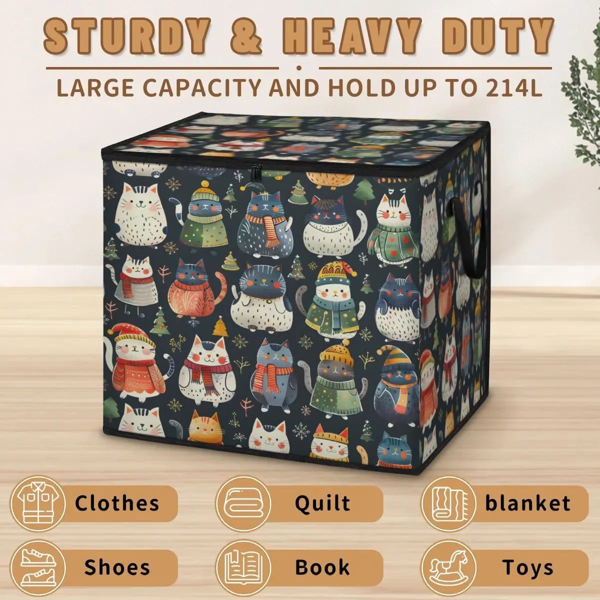 Large Storage Bags Lovely Cat Theme Closet Organizer Foldable Clothes Storage Bins with Handles Storage Containers for Blanket Comforter Pillow