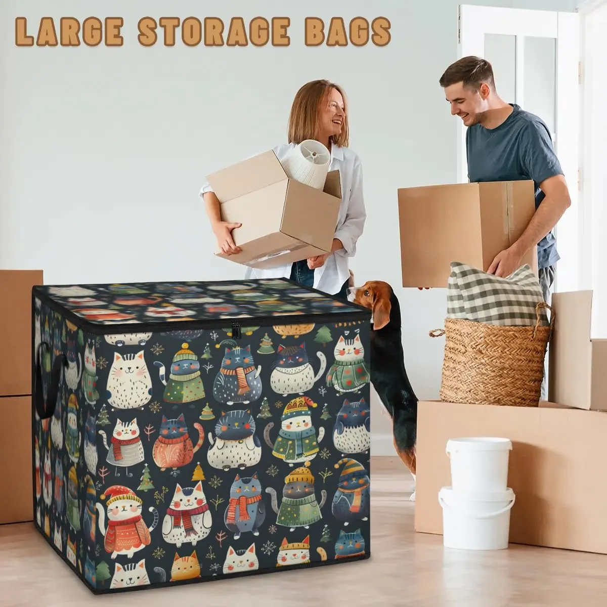 Large Storage Bags Lovely Cat Theme Closet Organizer Foldable Clothes Storage Bins with Handles Storage Containers for Blanket Comforter Pillow