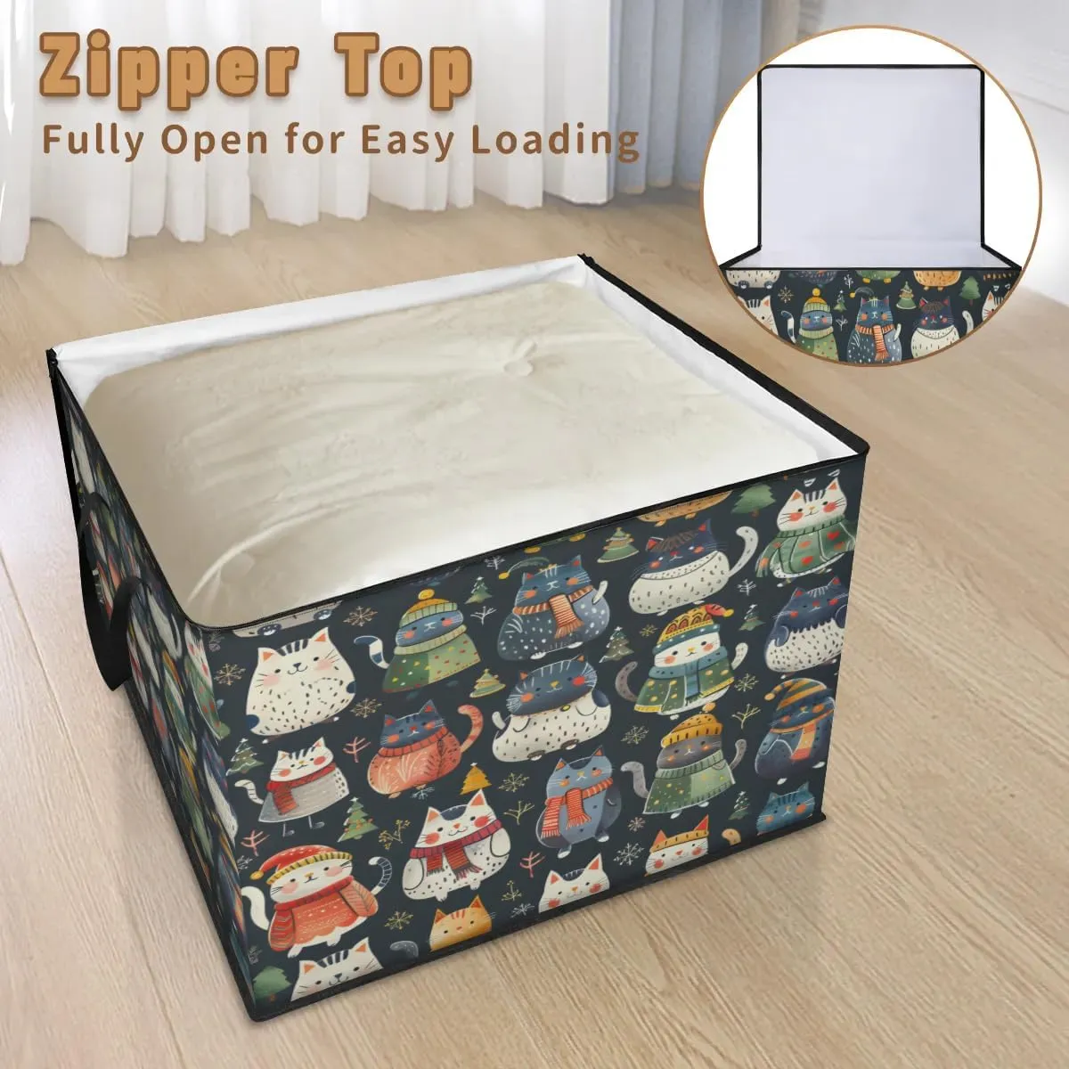 Large Storage Bags Lovely Cat Theme Closet Organizer Foldable Clothes Storage Bins with Handles Storage Containers for Blanket Comforter Pillow
