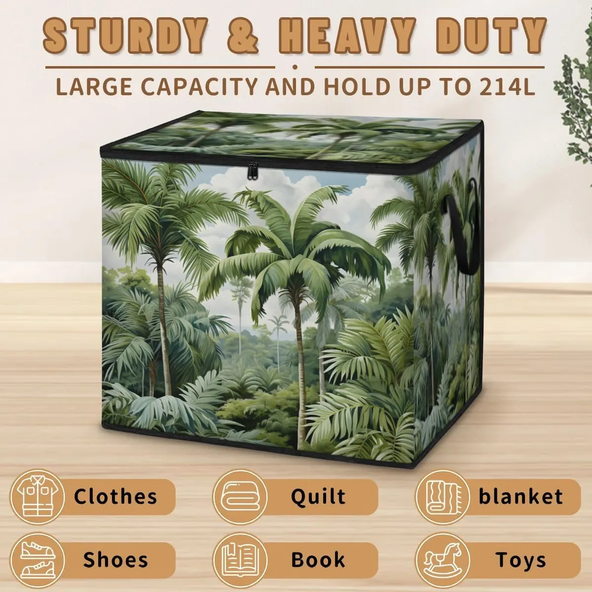 Large Storage Bags Palm Trees Closet Organizer Foldable Clothes Storage Bins with Handles Storage Containers for Blanket Comforter Pillow