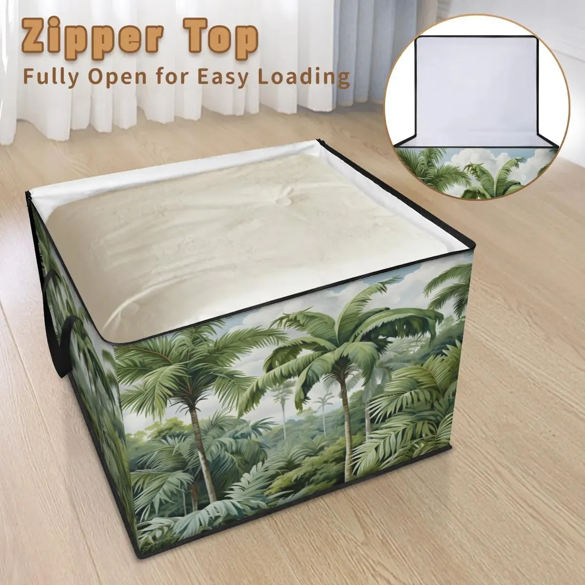 Large Storage Bags Palm Trees Closet Organizer Foldable Clothes Storage Bins with Handles Storage Containers for Blanket Comforter Pillow
