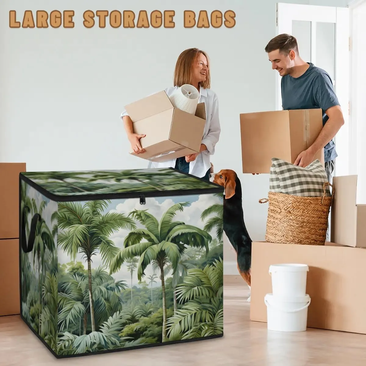 Large Storage Bags Palm Trees Closet Organizer Foldable Clothes Storage Bins with Handles Storage Containers for Blanket Comforter Pillow