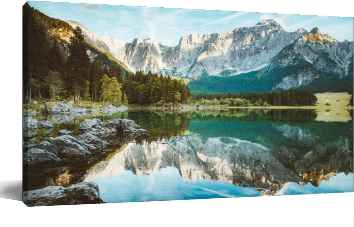 Large Wall Art Decor for Living Room Bedroom Bathroom Canvas Wall Art Framed Beautiful morning scene alpine peaks reflecting tranquil mountain lake Prints Artwork Painting Pictures Kitchen 24x48