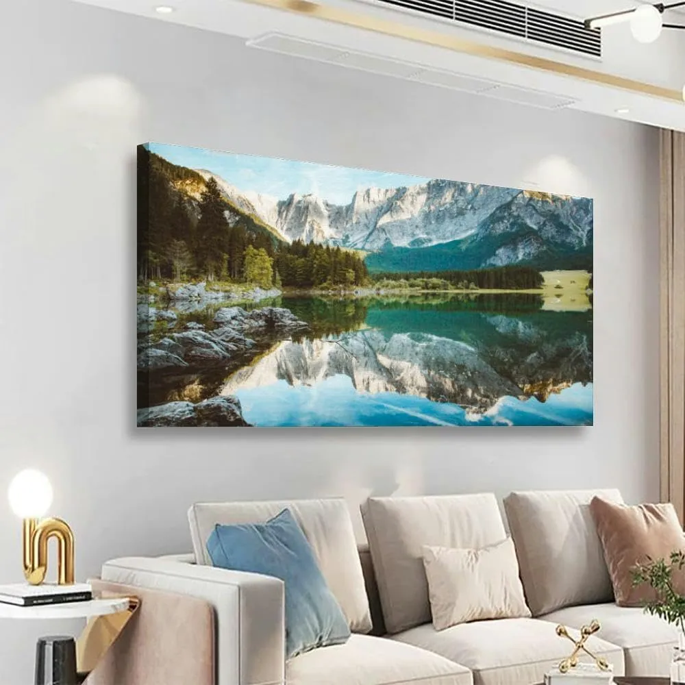 Large Wall Art Decor for Living Room Bedroom Bathroom Canvas Wall Art Framed Beautiful morning scene alpine peaks reflecting tranquil mountain lake Prints Artwork Painting Pictures Kitchen 24x48