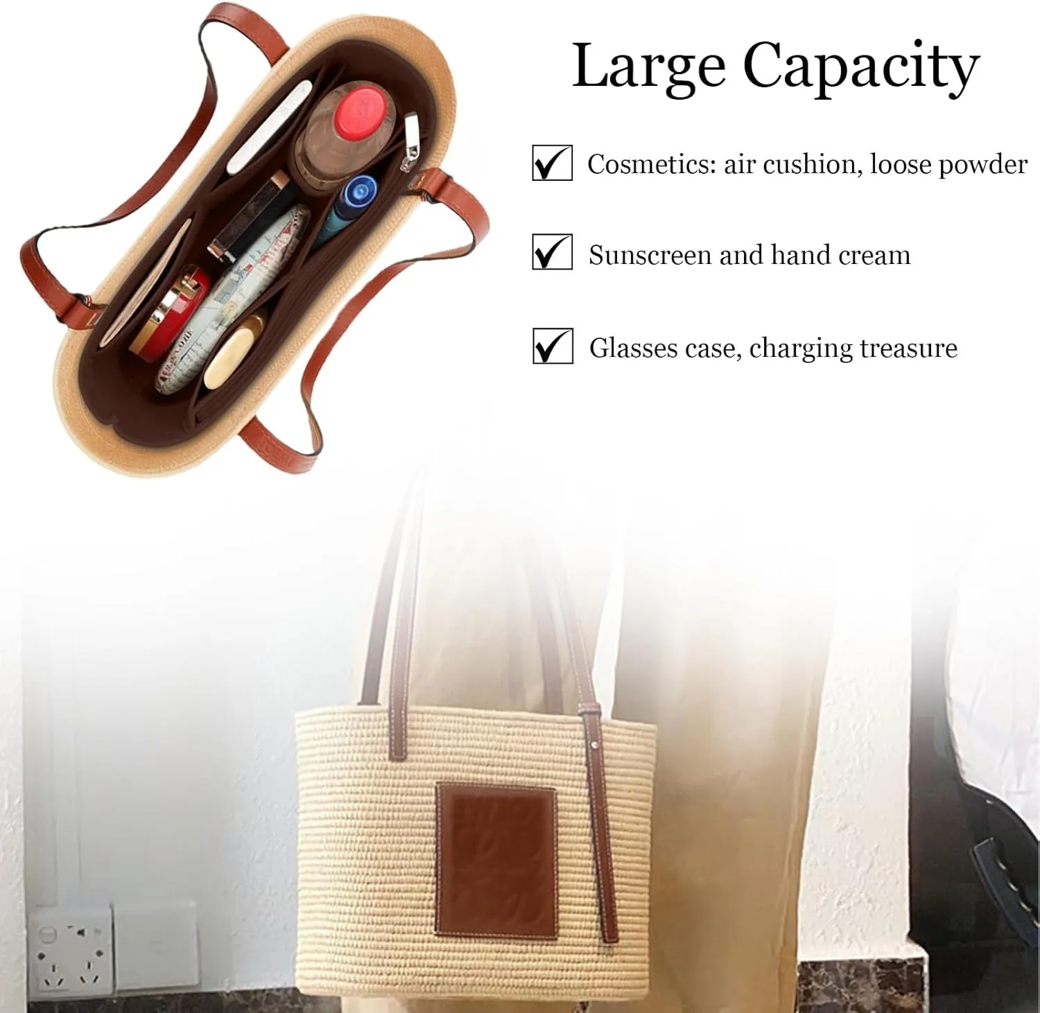 Lckaey Bag Organizer for loewe basket bag Purse Insert - Handbag Felt Insert Y097coffee