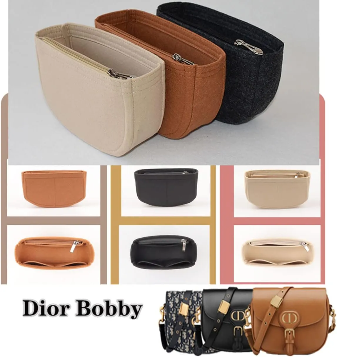 Lckaey Felt Insert Purse Organizer for saddle bag bobby liner bag handbag storage bag 2045beige-S