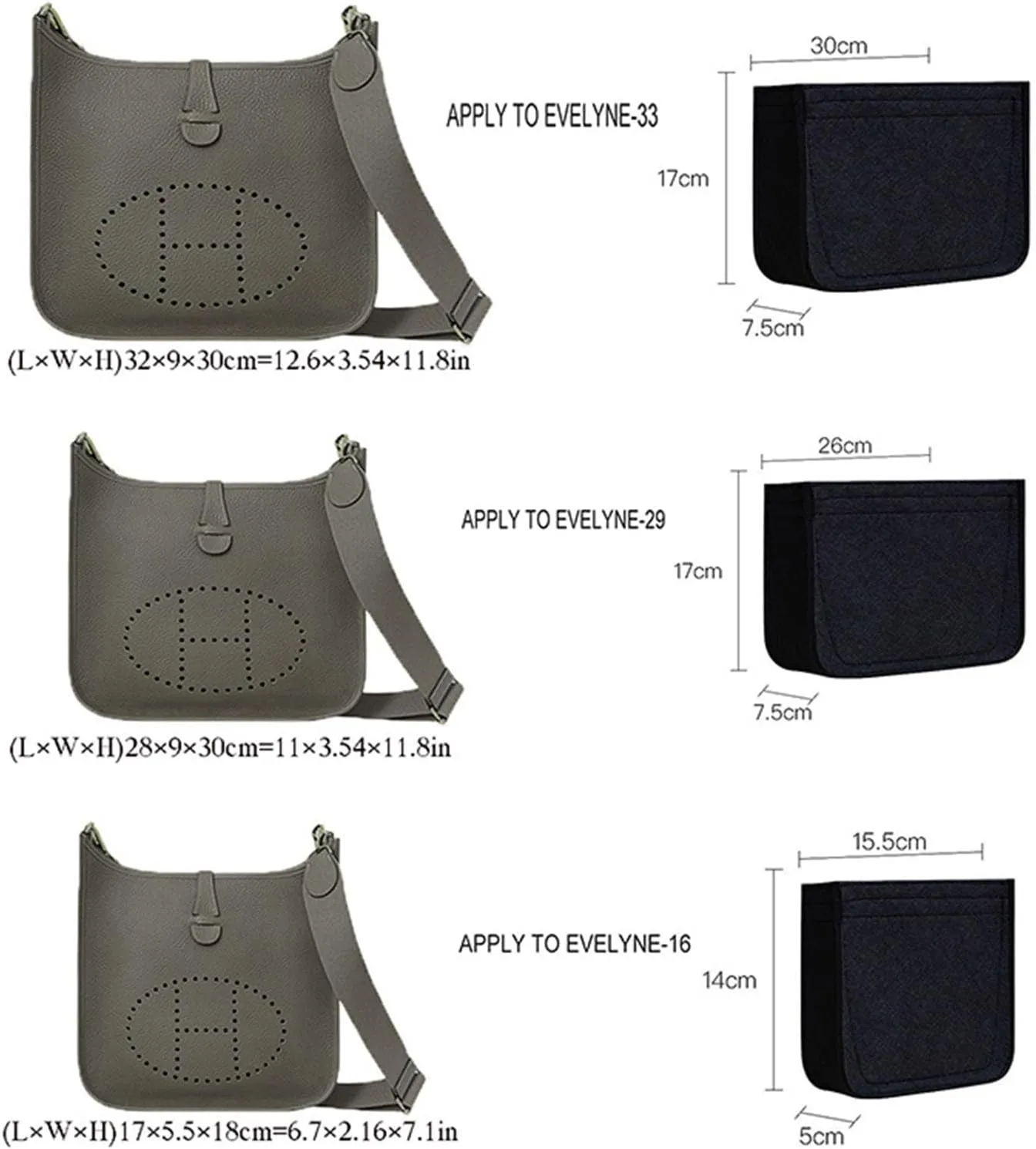 Lckaey Felt Organizer-for Hermes Evelyne III tpm pm gm Bag Insert Mini 16 29 33 Bag Purse Organizer Y003 black-S
