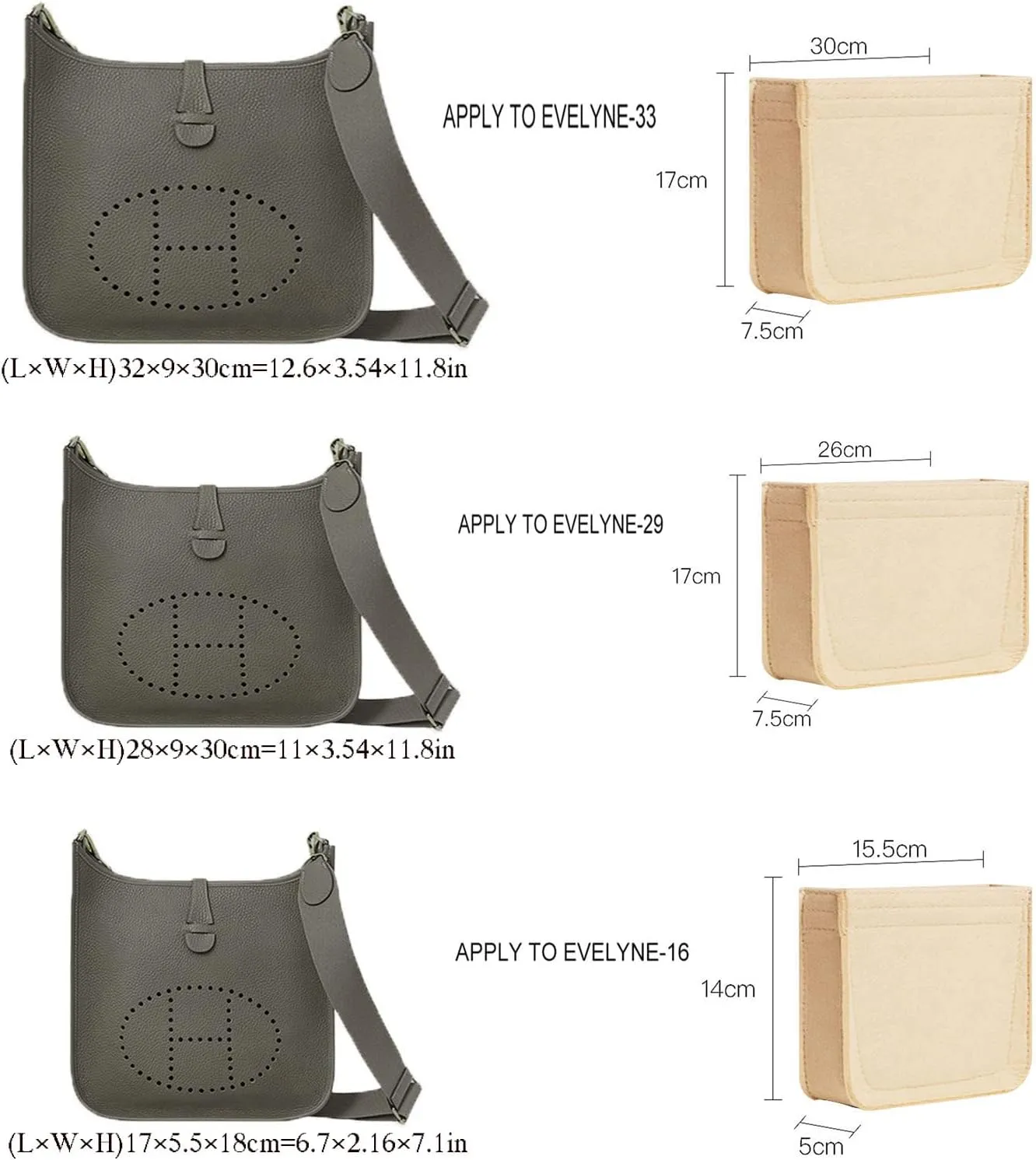 Lckaey Felt Organizer-for Hermes Evelyne III tpm pm gm Bag Insert Mini 16 29 33 Bag Purse Organizer Y003 Khaki-S