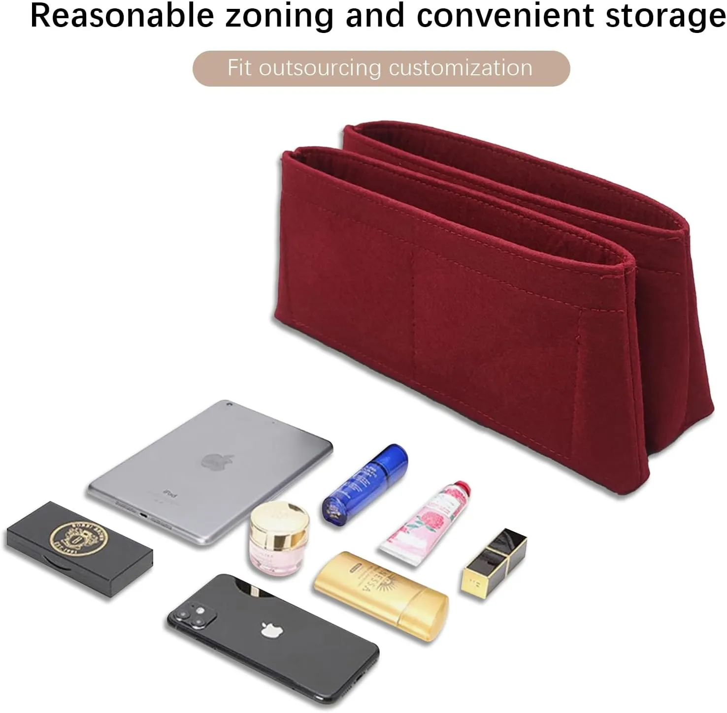 Lckaey Organizer Insert For chanel coco Handbag Felt Organizer bag coco coir insert Y080wine red-M