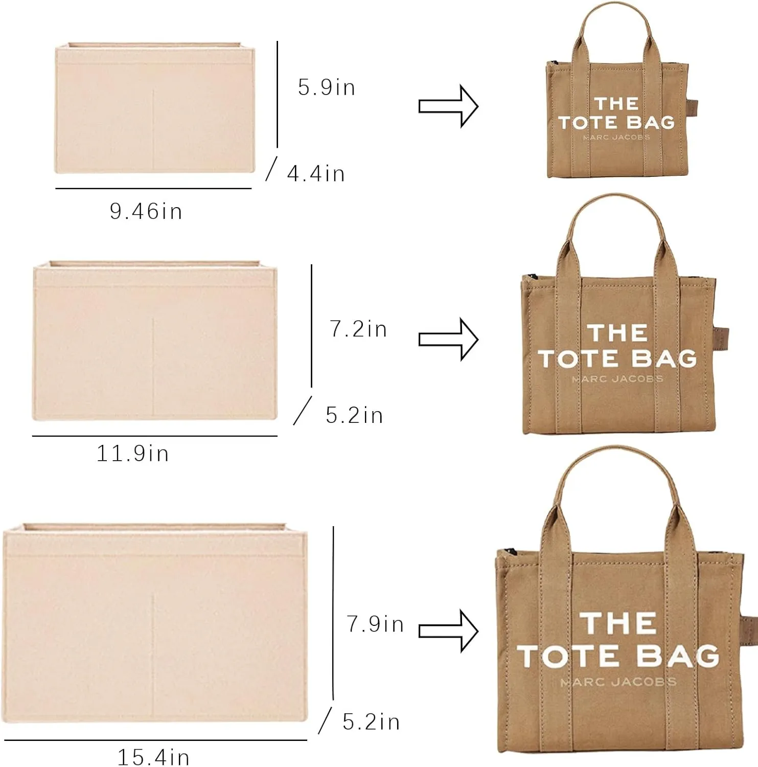 Lckaey purse insert organizer for marc jacobs small tote bag Felt insert Y065Khaki-S
