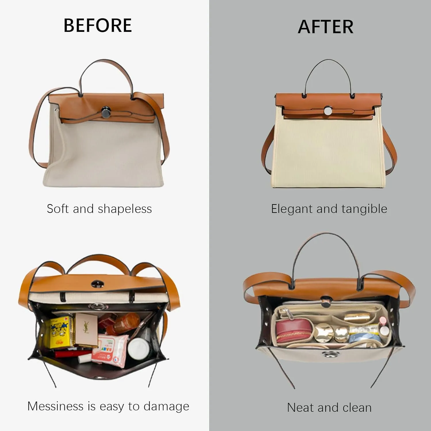 Lckaey Purse Organizer for Hermes Herbag 31 and 39, Felt Insert Bag for Women Y093Khaki-37.5