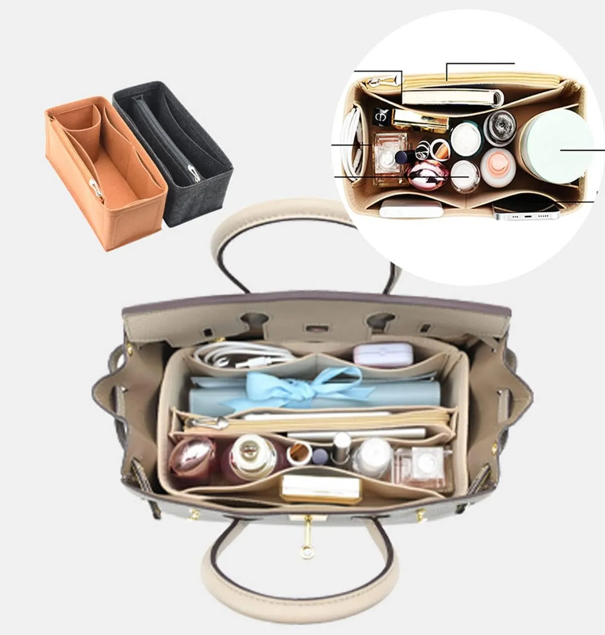 Lckaey Purse Organizer insert for birkin 35 bag organizer Tote Bag insert1099camel-L