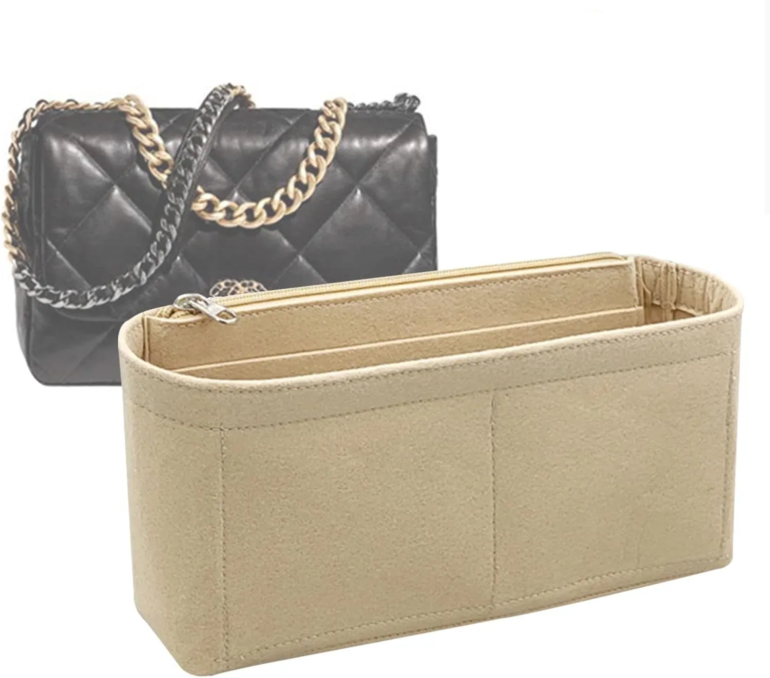 Lckaey Purse Organizer Insert for Chanel 19 Small bag with Side Zipper Pocket Handbag Chanel Maxi Flip bag Organizer Y002beige-L