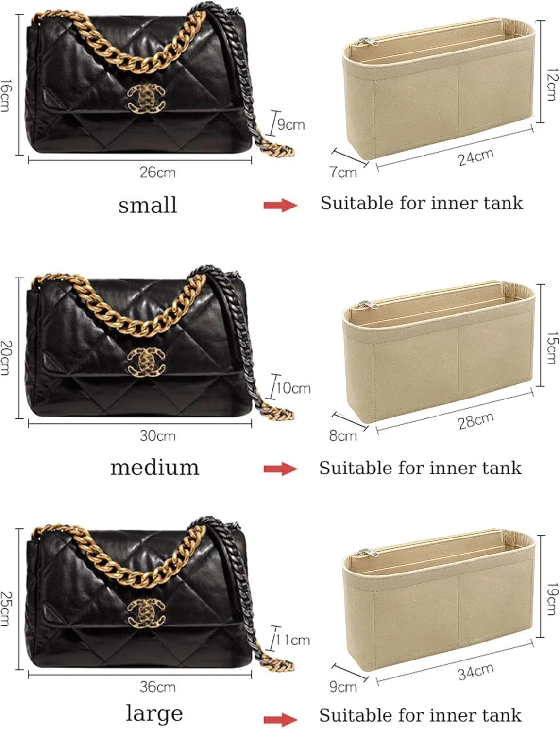 Lckaey Purse Organizer Insert for Chanel 19 Small bag with Side Zipper Pocket Handbag Chanel Maxi Flip bag Organizer Y002beige-L