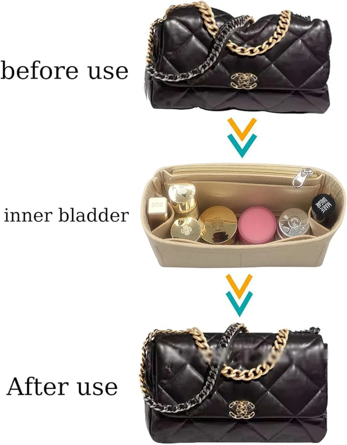 Lckaey Purse Organizer Insert for Chanel 19 Small bag with Side Zipper Pocket Handbag Chanel Maxi Flip bag Organizer Y002beige-L