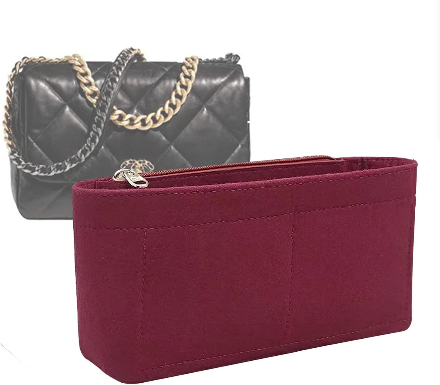 Lckaey Purse Organizer Insert for Chanel 19 Small bag with Side Zipper Pocket Handbag Chanel Maxi Flip bag Organizer Y002claret-L