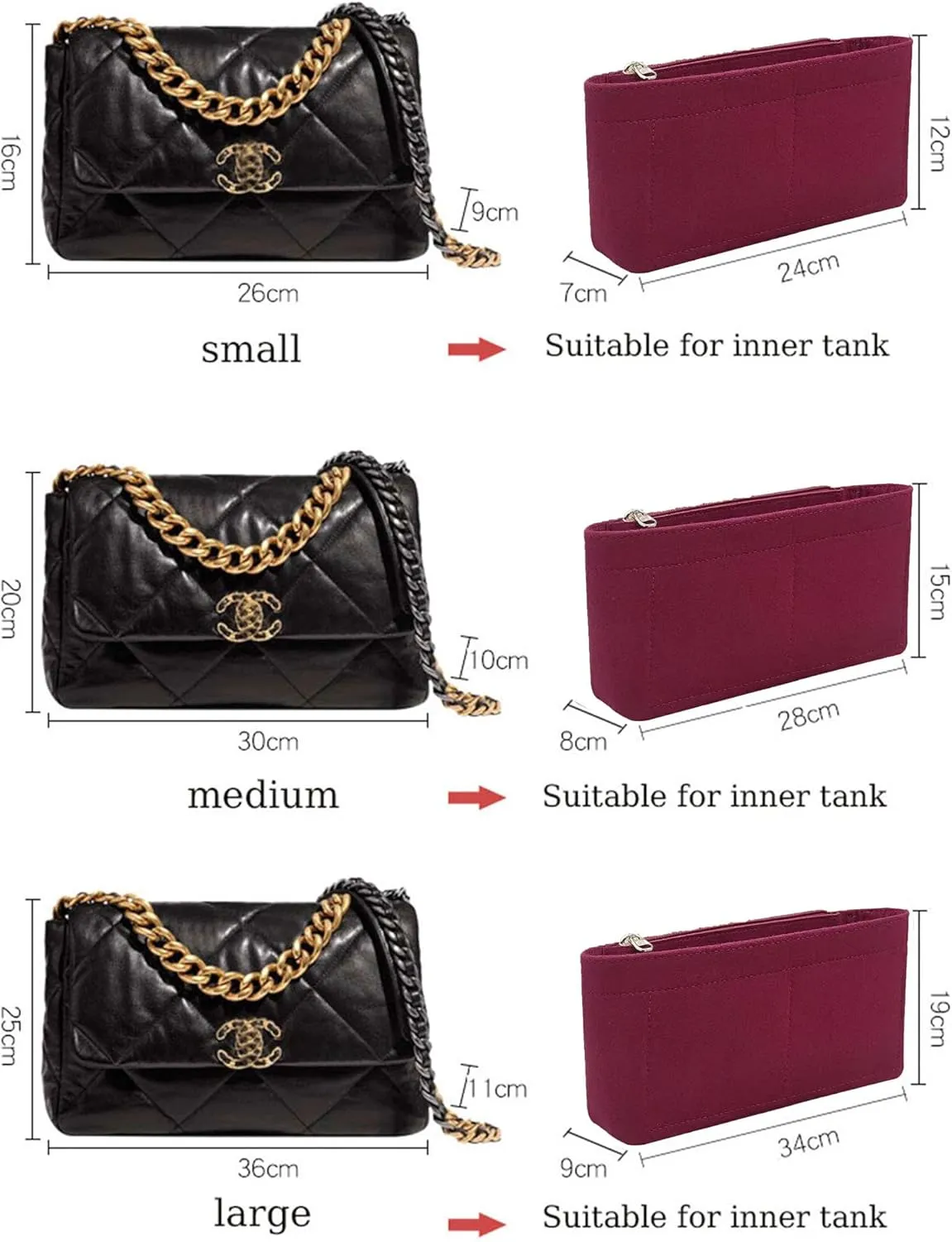 Lckaey Purse Organizer Insert for Chanel 19 Small bag with Side Zipper Pocket Handbag Chanel Maxi Flip bag Organizer Y002claret-L