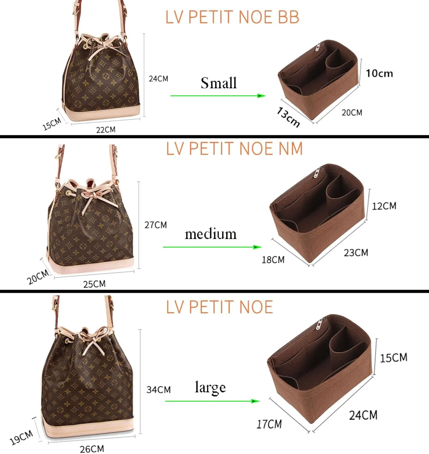Lckaey Purse Organizer insert for LV NOE BB Petit NOE NM storage bag Organizer With Zipped pocket Y059coffee-Large