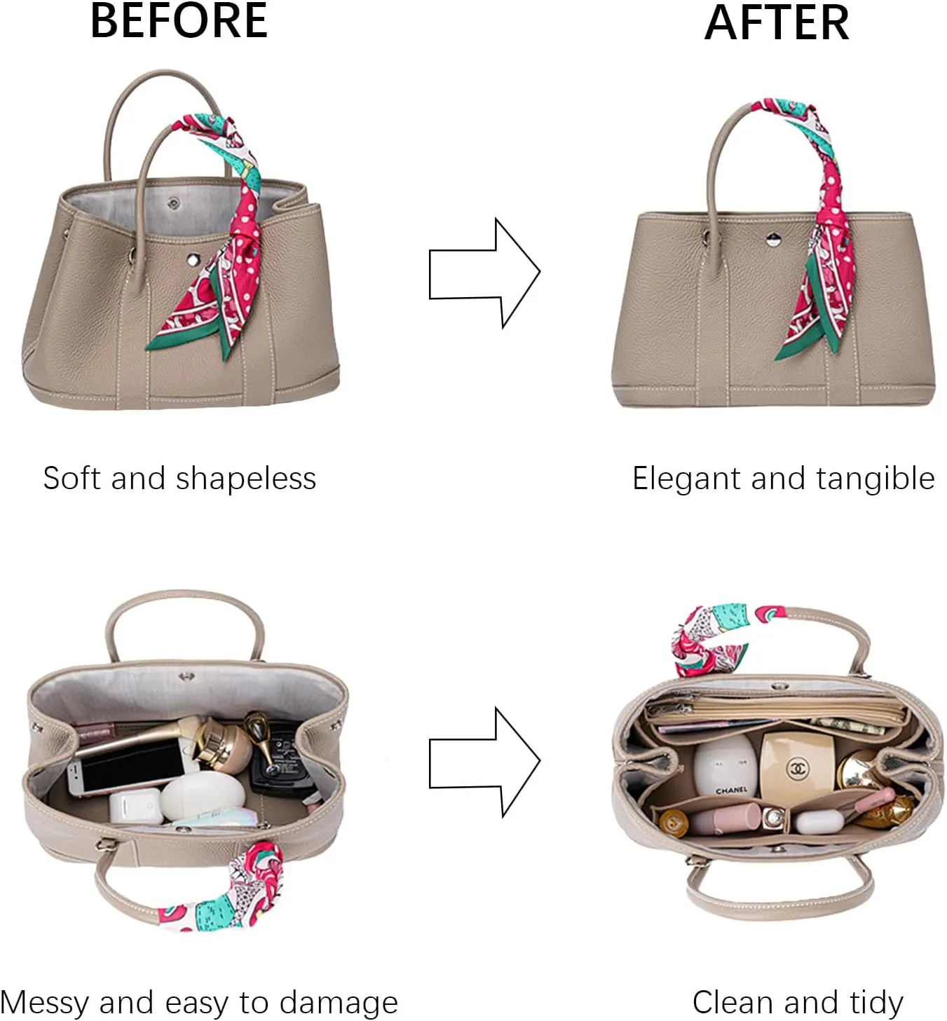 Lckaey Purse Organizer tote bag organizer for hermes garden party 26 Handbag Felt insert Y085Khaki-S
