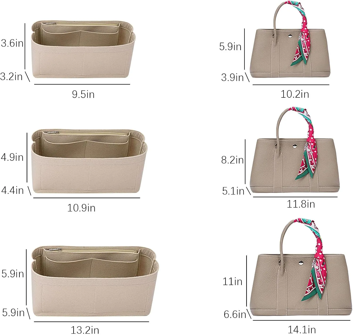 Lckaey Purse Organizer tote bag organizer for hermes garden party 26 Handbag Felt insert Y085Khaki-S