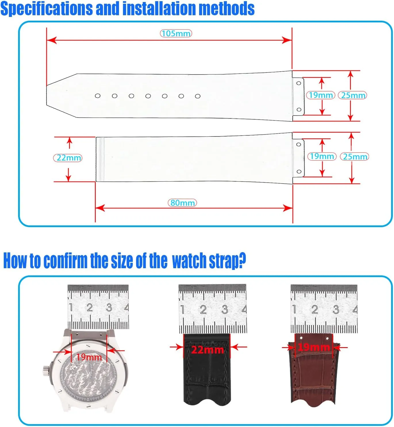 Leather 25mm Watch Bands Compatible Fit for Hublot Big Bang 19mm*25mm*22mm Replacement Watch Strap Wirstband Bracelet For Men and Women(with metal buckle)