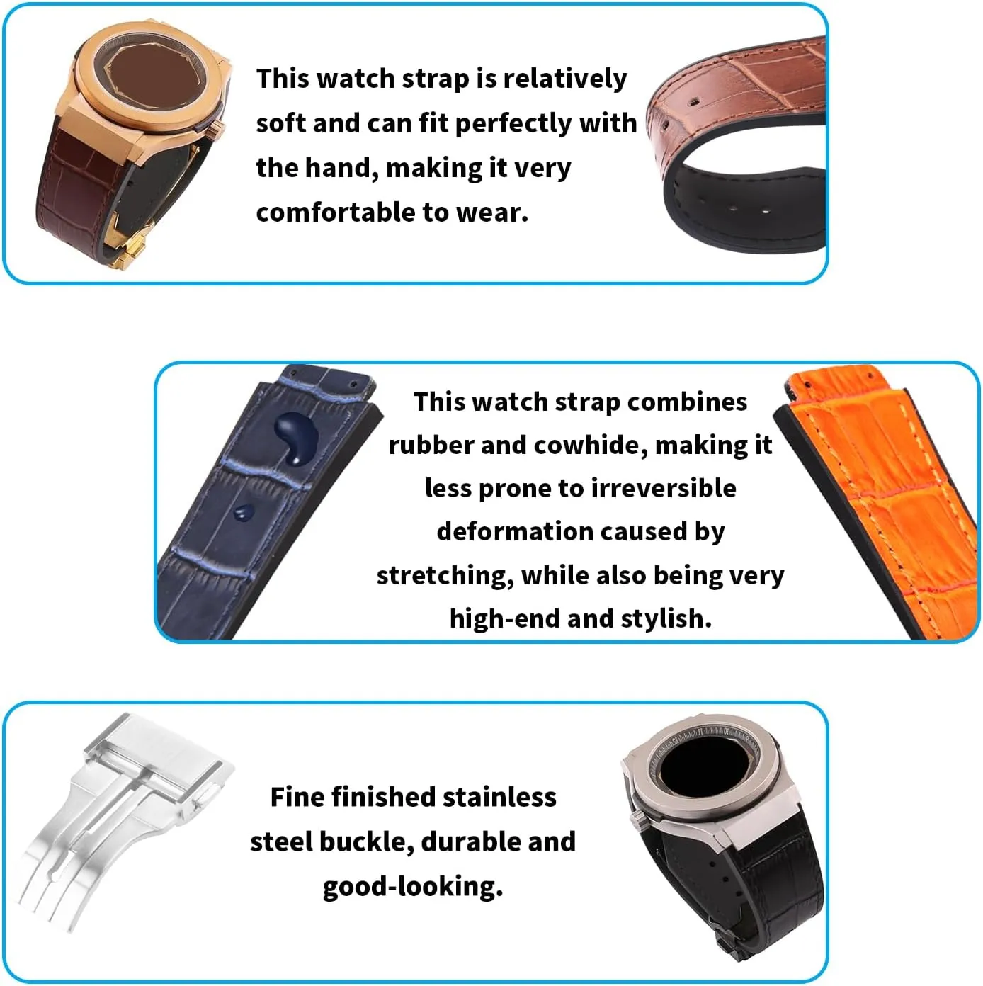 Leather 25mm Watch Bands Compatible Fit for Hublot Big Bang 19mm*25mm*22mm Replacement Watch Strap Wirstband Bracelet For Men and Women(with metal buckle)