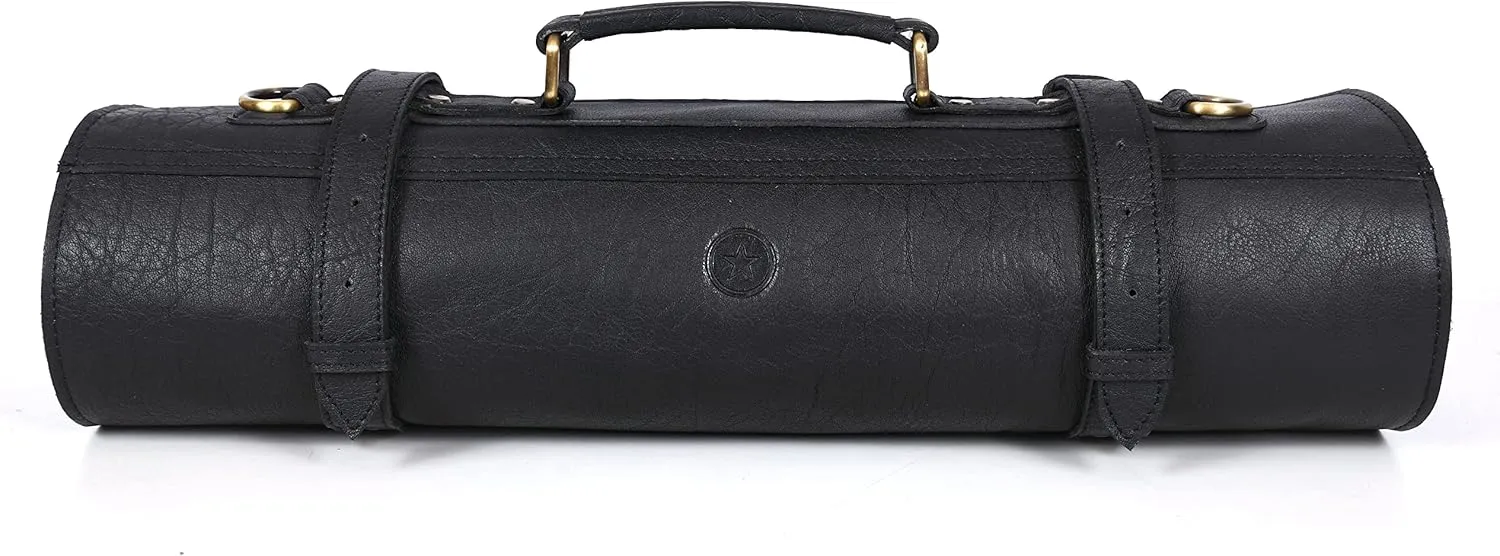 Leather Knife Roll Storage Bag, Elastic and Expandable 10 Pockets, Adjustable/Detachable Shoulder Strap, Travel-Friendly Chef Knife Case