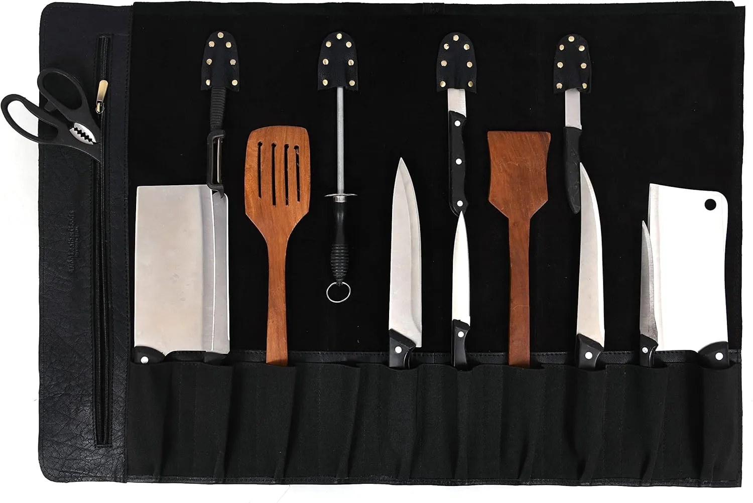 Leather Knife Roll Storage Bag, Elastic and Expandable 10 Pockets, Adjustable/Detachable Shoulder Strap, Travel-Friendly Chef Knife Case