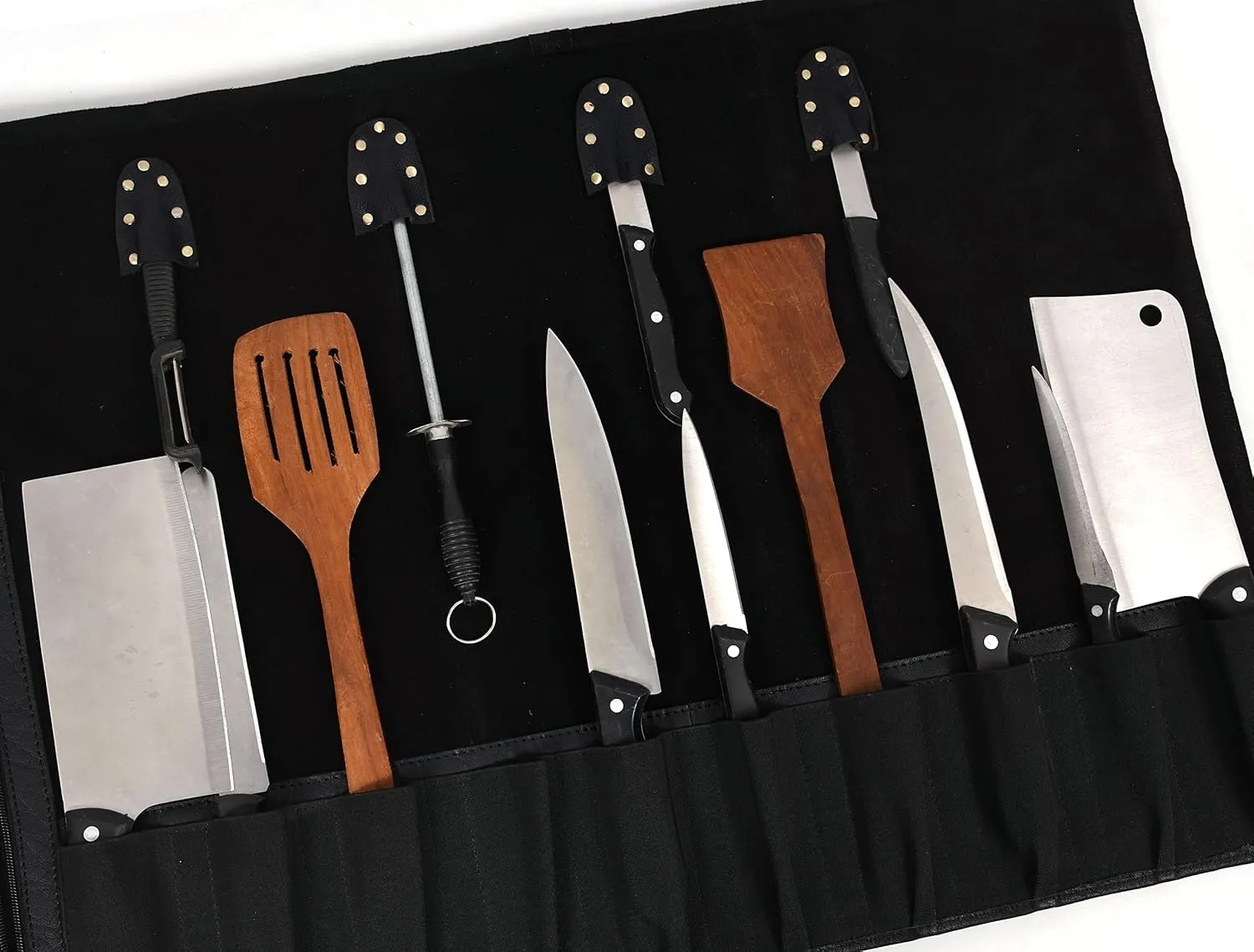 Leather Knife Roll Storage Bag, Elastic and Expandable 10 Pockets, Adjustable/Detachable Shoulder Strap, Travel-Friendly Chef Knife Case