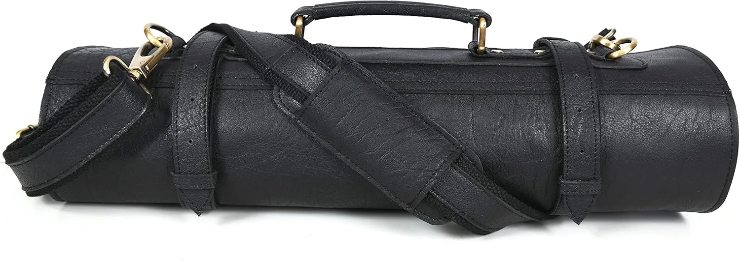 Leather Knife Roll Storage Bag, Elastic and Expandable 10 Pockets, Adjustable/Detachable Shoulder Strap, Travel-Friendly Chef Knife Case
