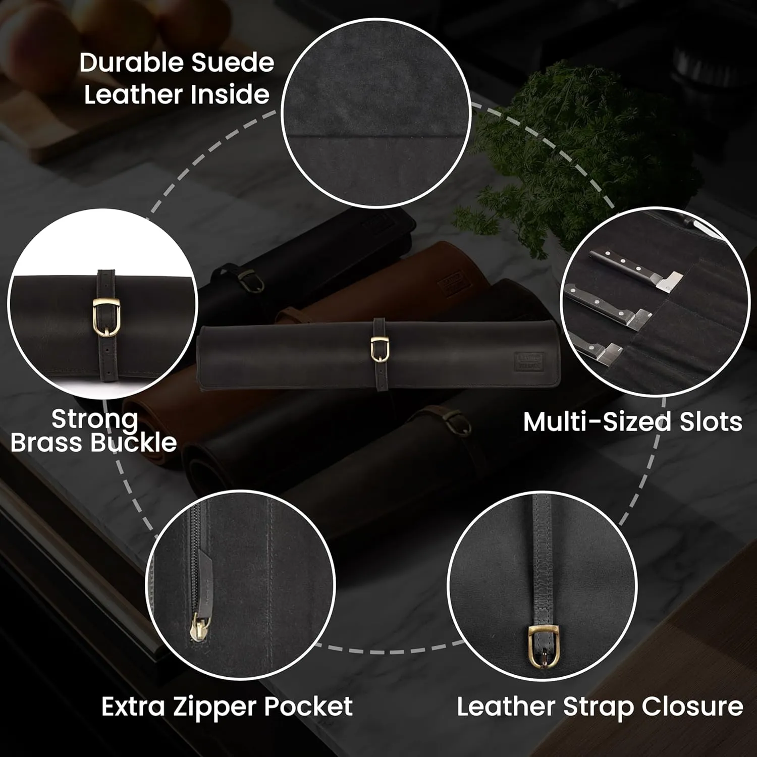 LEATHER VILLAGE Genuine Leather Knife Roll Bag – Professional Chef Carrying Case, Durable Sheath Holder, Cooks & Culinary Tools Organizer, Portable Travel Storage with 4 Slots & Zipper - Black