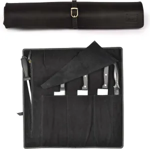 LEATHER VILLAGE Genuine Leather Knife Roll Bag – Professional Chef Carrying Case, Durable Sheath Holder, Cooks & Culinary Tools Organizer, Portable Travel Storage with 4 Slots & Zipper - Black