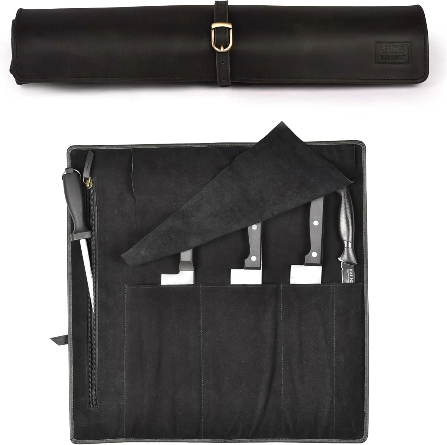 LEATHER VILLAGE Genuine Leather Knife Roll Bag – Professional Chef Carrying Case, Durable Sheath Holder, Cooks & Culinary Tools Organizer, Portable Travel Storage with 4 Slots & Zipper - Black