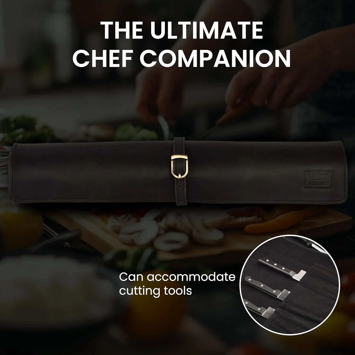 LEATHER VILLAGE Genuine Leather Knife Roll Bag – Professional Chef Carrying Case, Durable Sheath Holder, Cooks & Culinary Tools Organizer, Portable Travel Storage with 4 Slots & Zipper - Black