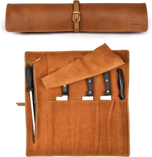 LEATHER VILLAGE Genuine Leather Knife Roll Bag – Professional Chef Carrying Case, Durable Sheath Holder, Cooks & Culinary Tools Organizer, Portable Travel Storage with 4 Slots & Zipper - Tan