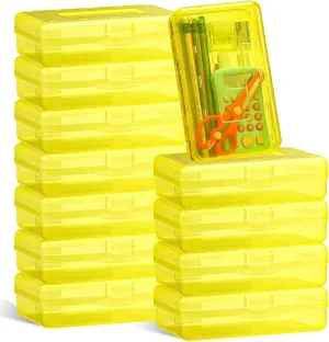 Leelosp 12 Pack Clear Pencil Boxes for School Bulk Plastic Pencil Case with Lid Hard Large Crayon Storage Box Stackable Classroom Stationery Organizer School Supplies for Kids Adult(Yellow)