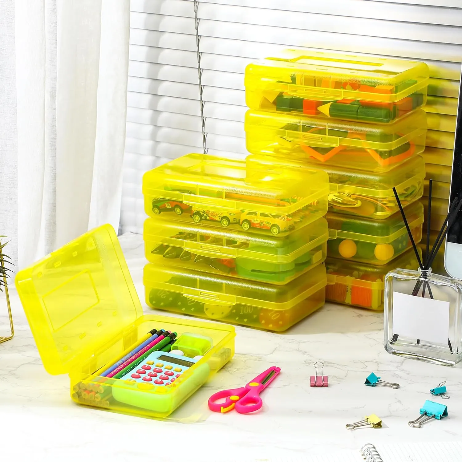 Leelosp 12 Pack Clear Pencil Boxes for School Bulk Plastic Pencil Case with Lid Hard Large Crayon Storage Box Stackable Classroom Stationery Organizer School Supplies for Kids Adult(Yellow)