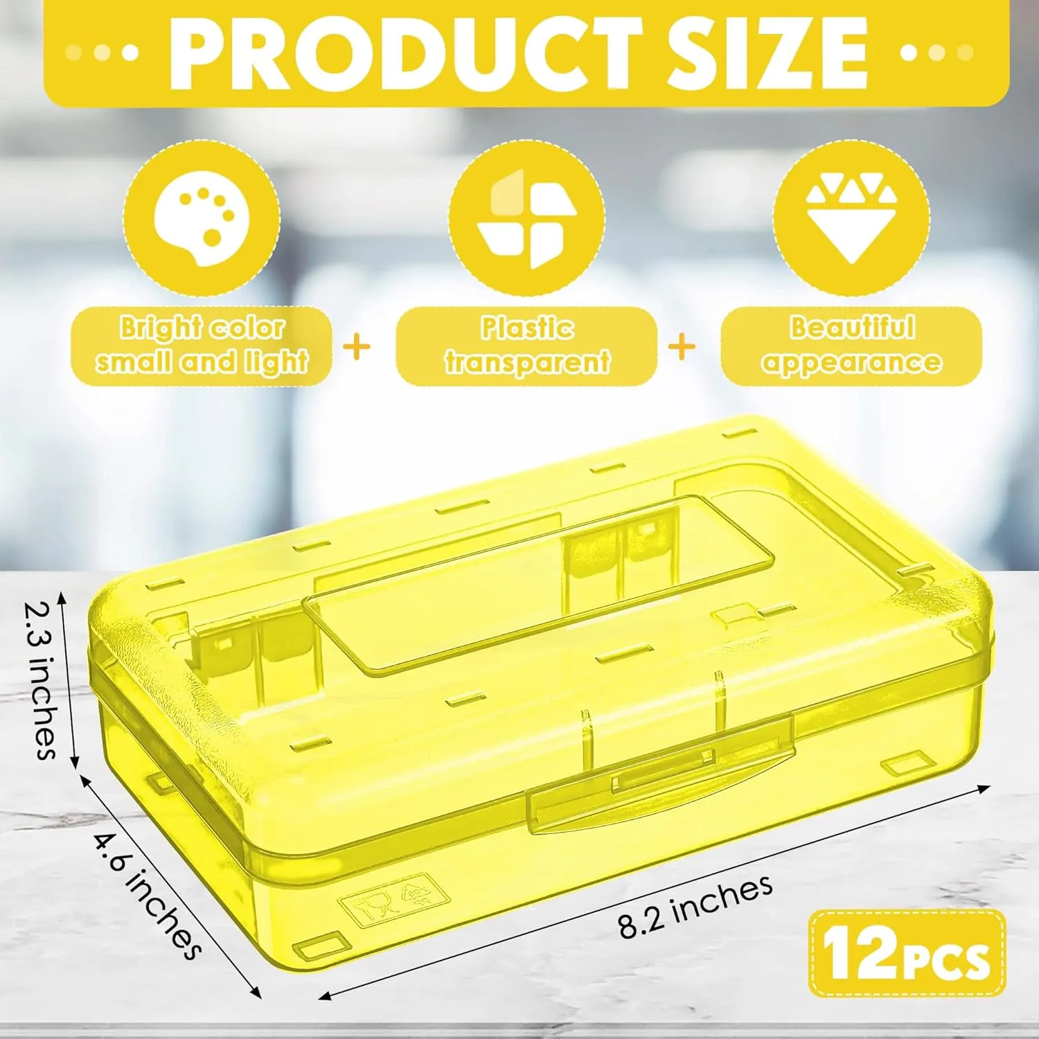 Leelosp 12 Pack Clear Pencil Boxes for School Bulk Plastic Pencil Case with Lid Hard Large Crayon Storage Box Stackable Classroom Stationery Organizer School Supplies for Kids Adult(Yellow)
