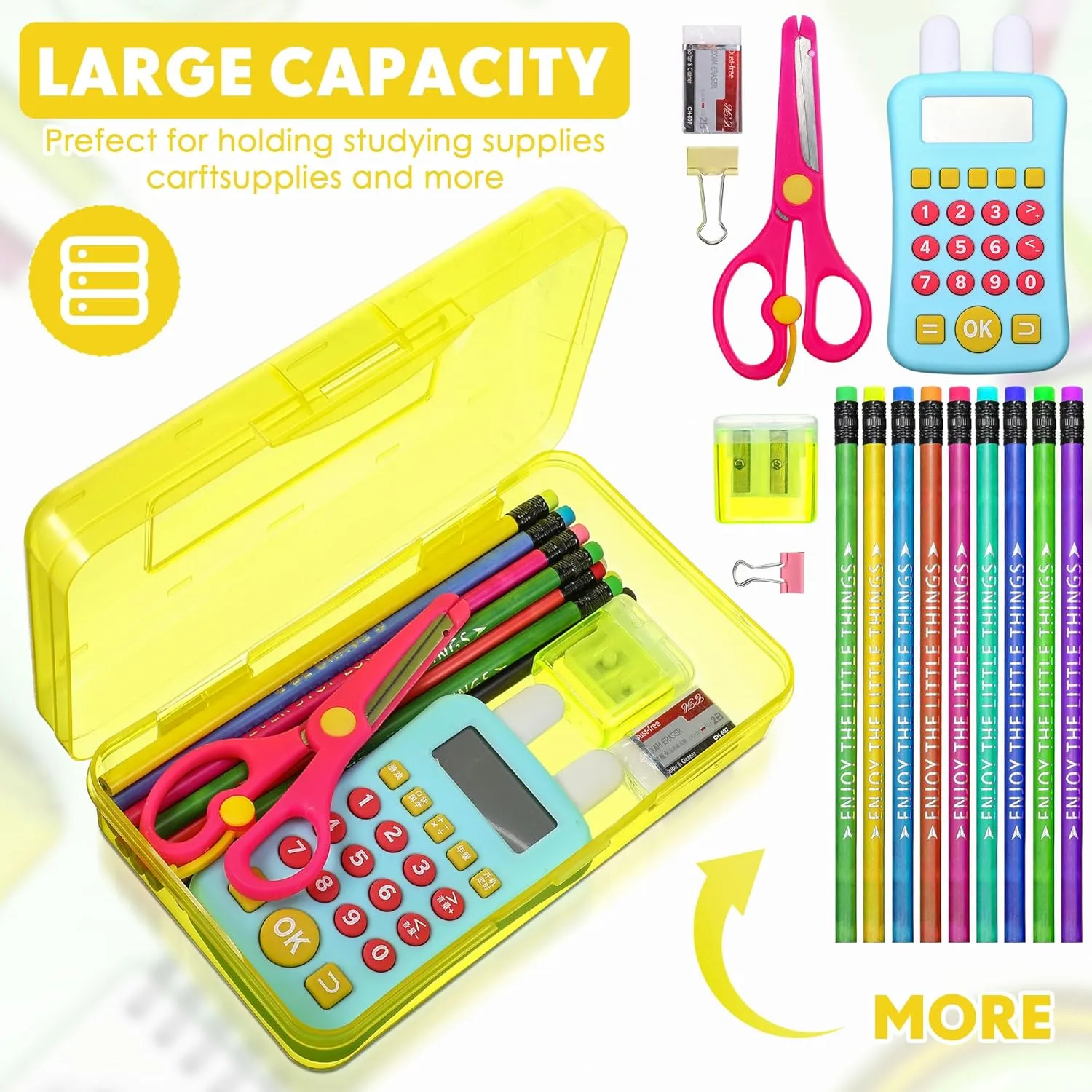 Leelosp 12 Pack Clear Pencil Boxes for School Bulk Plastic Pencil Case with Lid Hard Large Crayon Storage Box Stackable Classroom Stationery Organizer School Supplies for Kids Adult(Yellow)